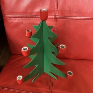 Swedish Wooden Christmas Tree Candle Holder 13" Interlocking Green Red Folk Art